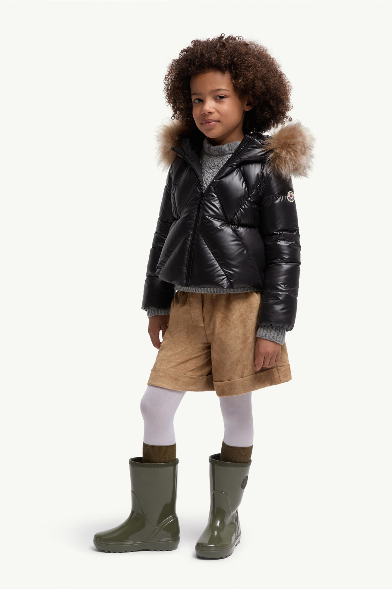 Domas 시어링 트리밍 후드 다운 재킷 키즈 여아 블랙 & 베이지 Moncler 1