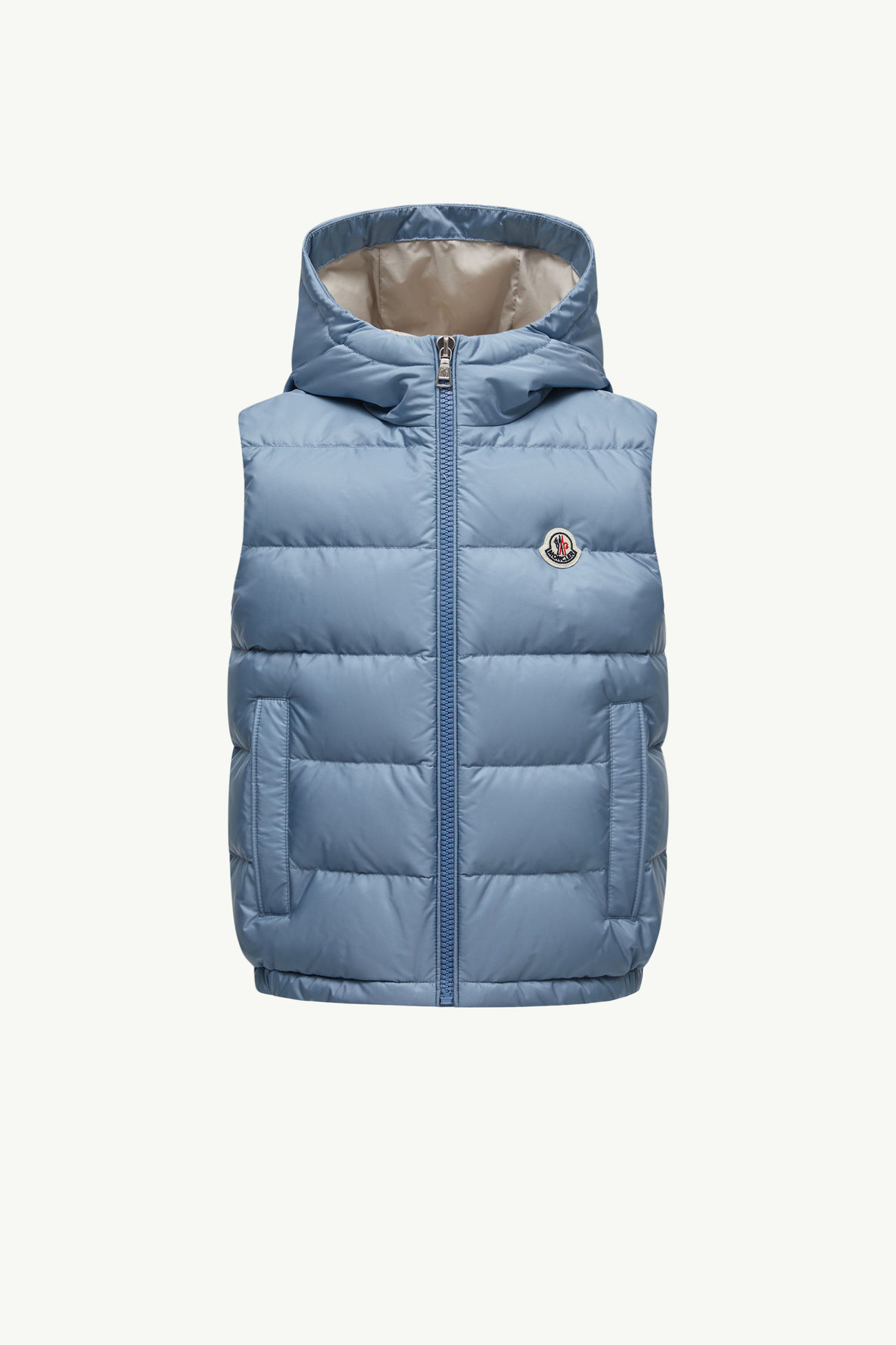 Gilet imbottito in piuma Fudo con cappuccio Bambino Celeste Moncler 0