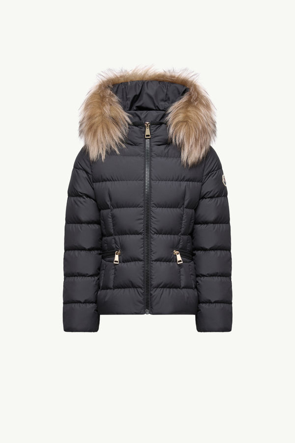 Plumífero con ribete de lana de oveja joven y capucha Boedette Niña Negro Moncler 0