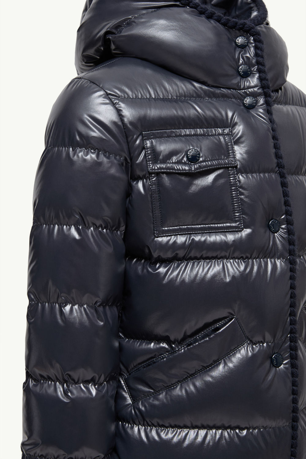 Glareins Braided Trim Hooded Down Jacket Girl Navy Blue Moncler 4