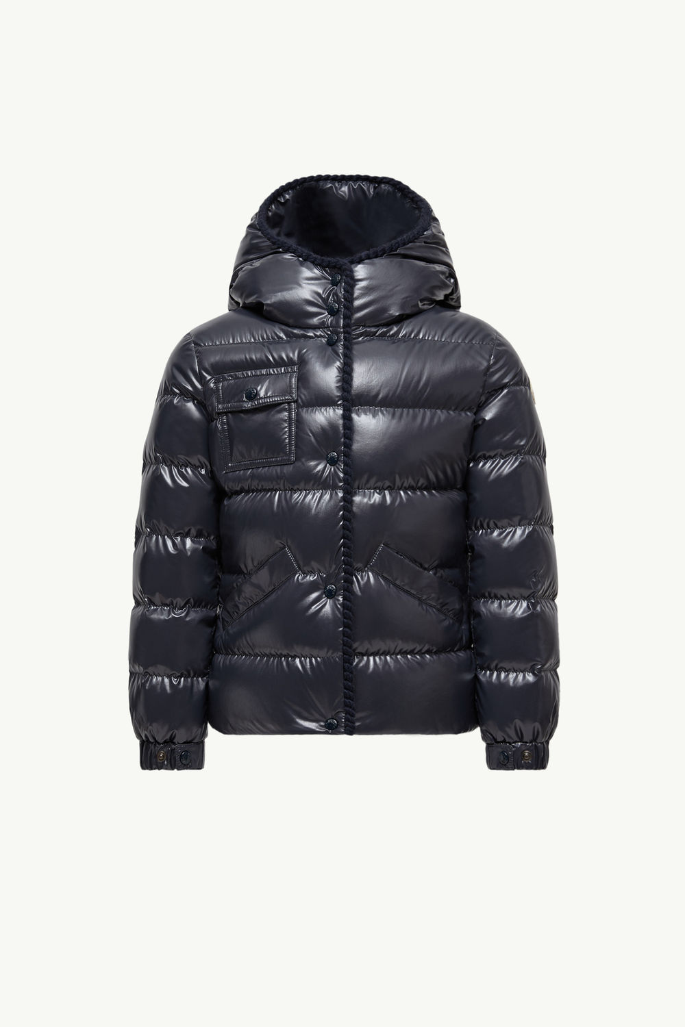 Glareins Braided Trim Hooded Down Jacket Girl Navy Blue Moncler 0