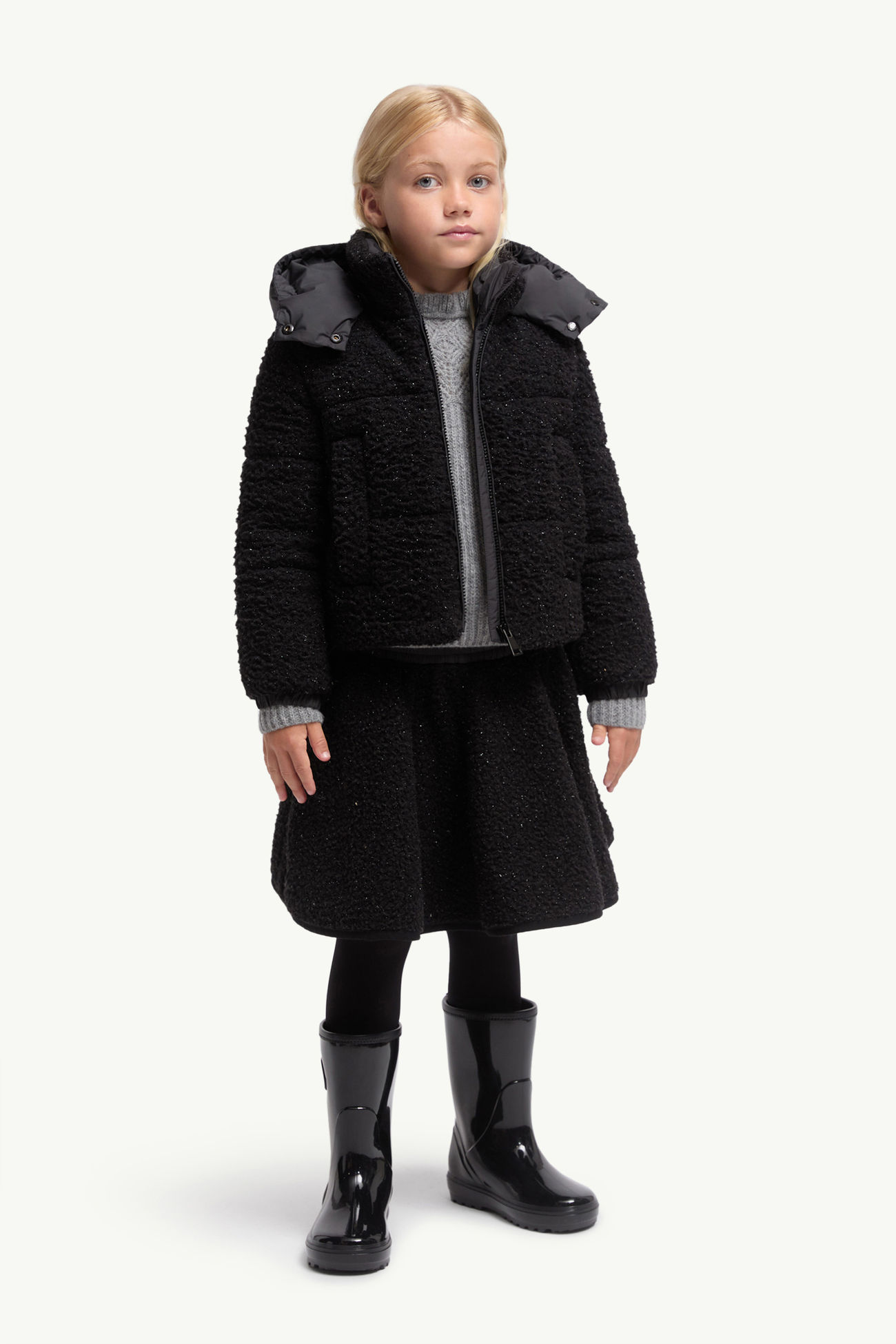 Zambaga金屬色泰迪布連帽羽絨外套 女童 黑色 Moncler 1