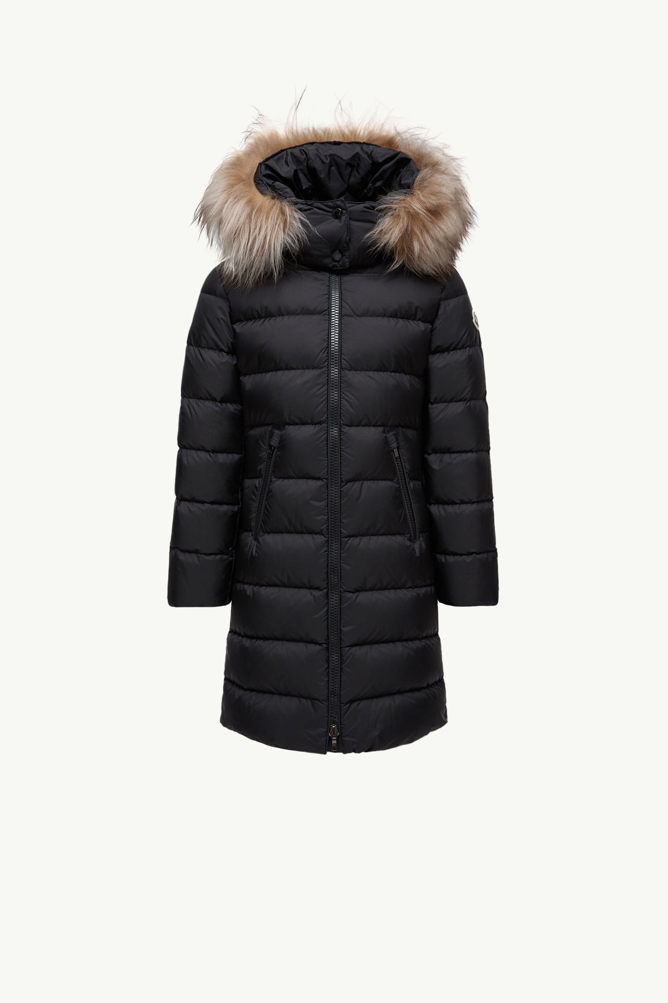 Abelle Daunenjacke mit Shearlingbesatz und Kapuze Mädchen Schwarz & Beige Moncler 0