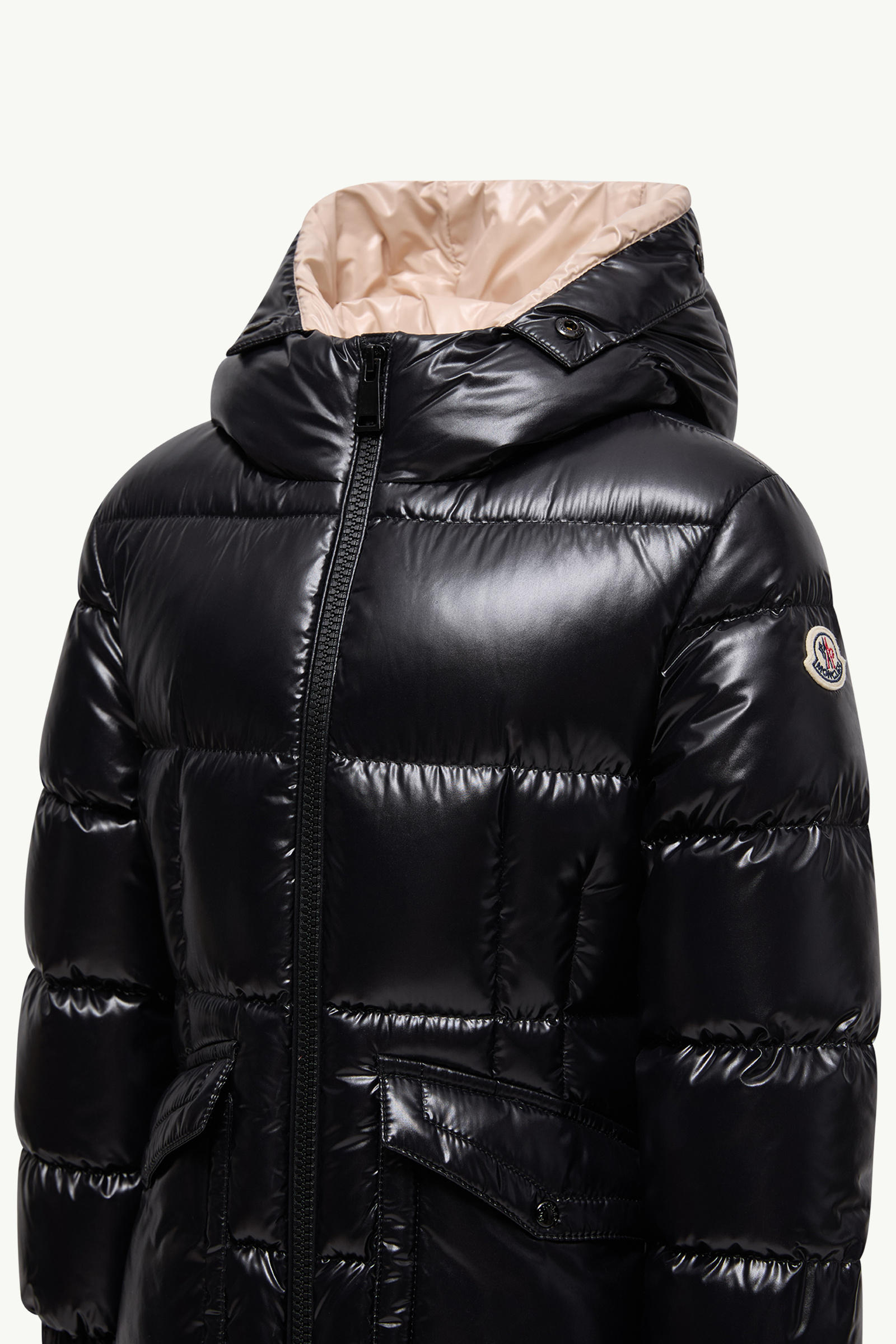 Piumino Aruna con Cappuccio Rifinito in Shearling Bambina Nero & Beige Moncler 3