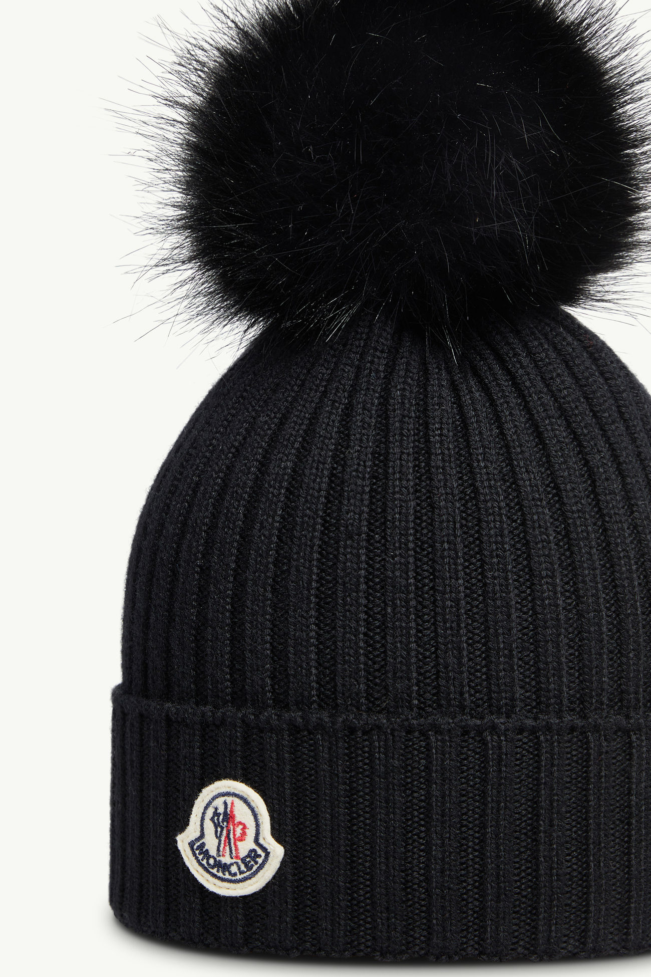 Wool Beanie with Faux Fur Pom Pom Girl Black Moncler 2