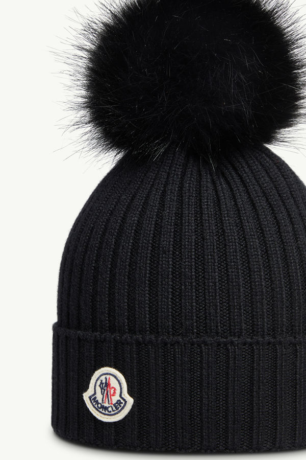 Wool Beanie with Pom Pom Girl Black Moncler 2
