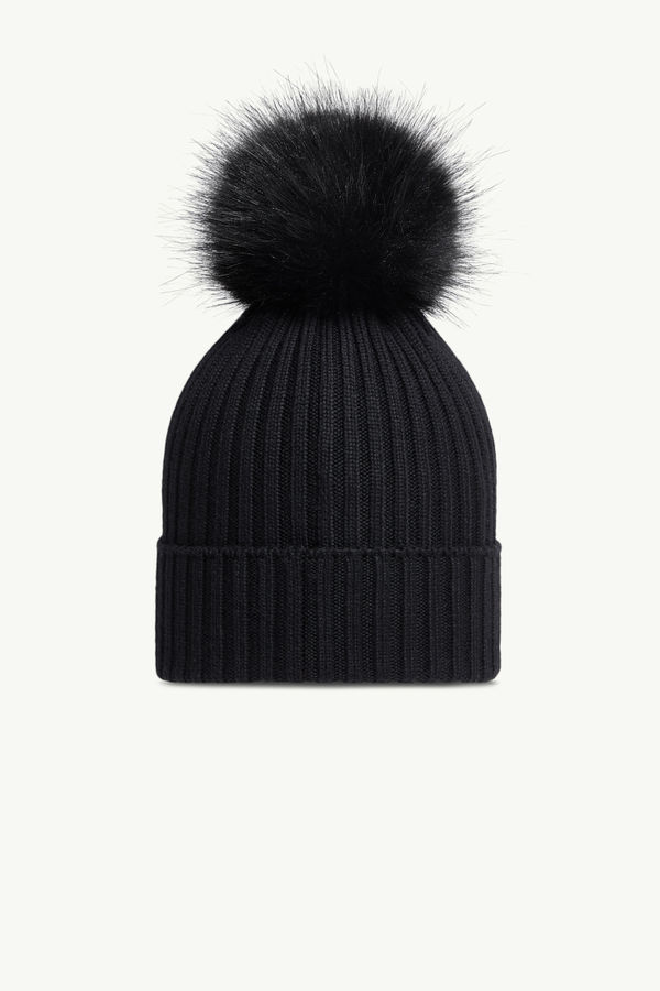 Wool Beanie with Pom Pom Girl Black Moncler 3