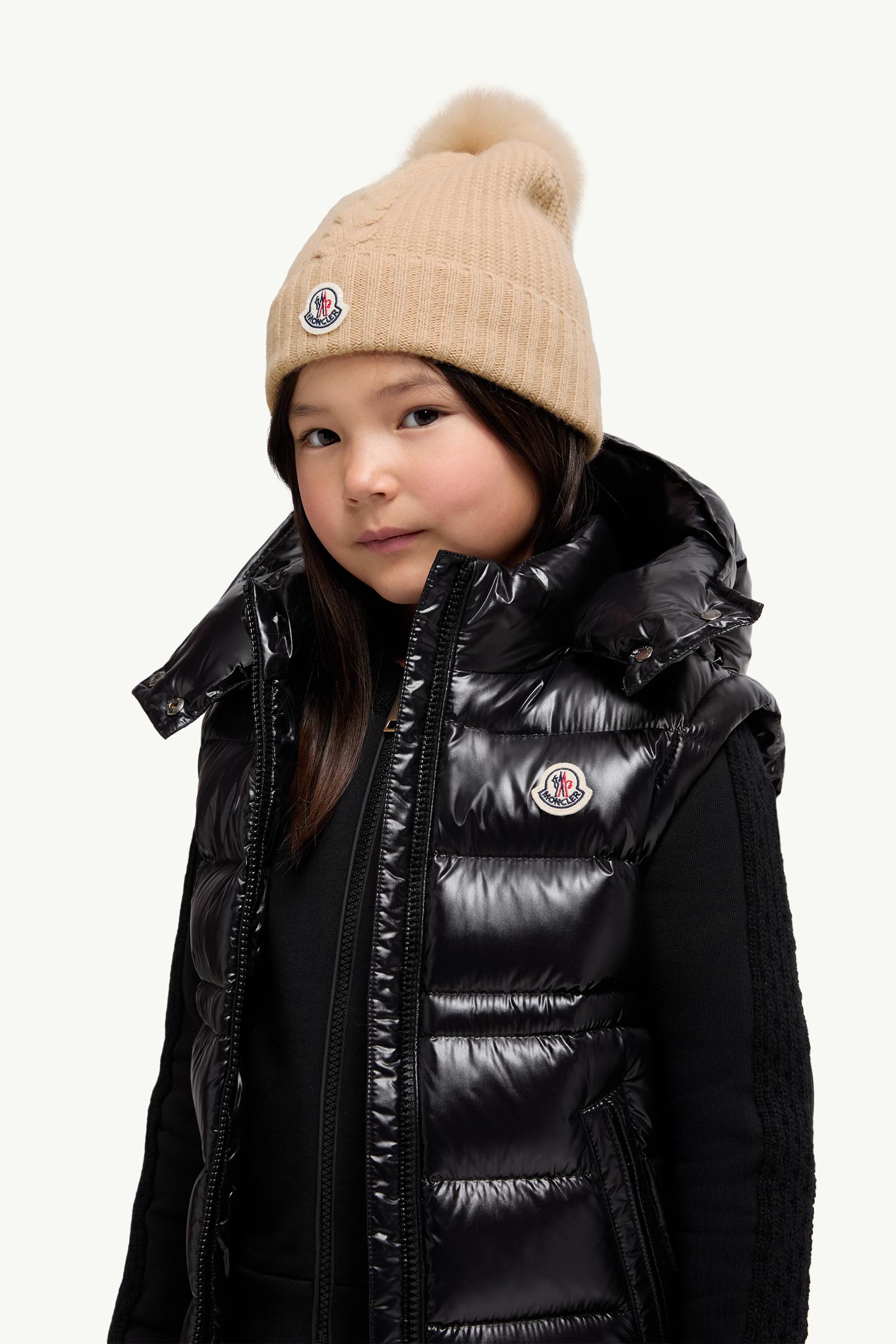 Wool Beanie with Shearling Pom Pom Girl Sand Beige Moncler 1