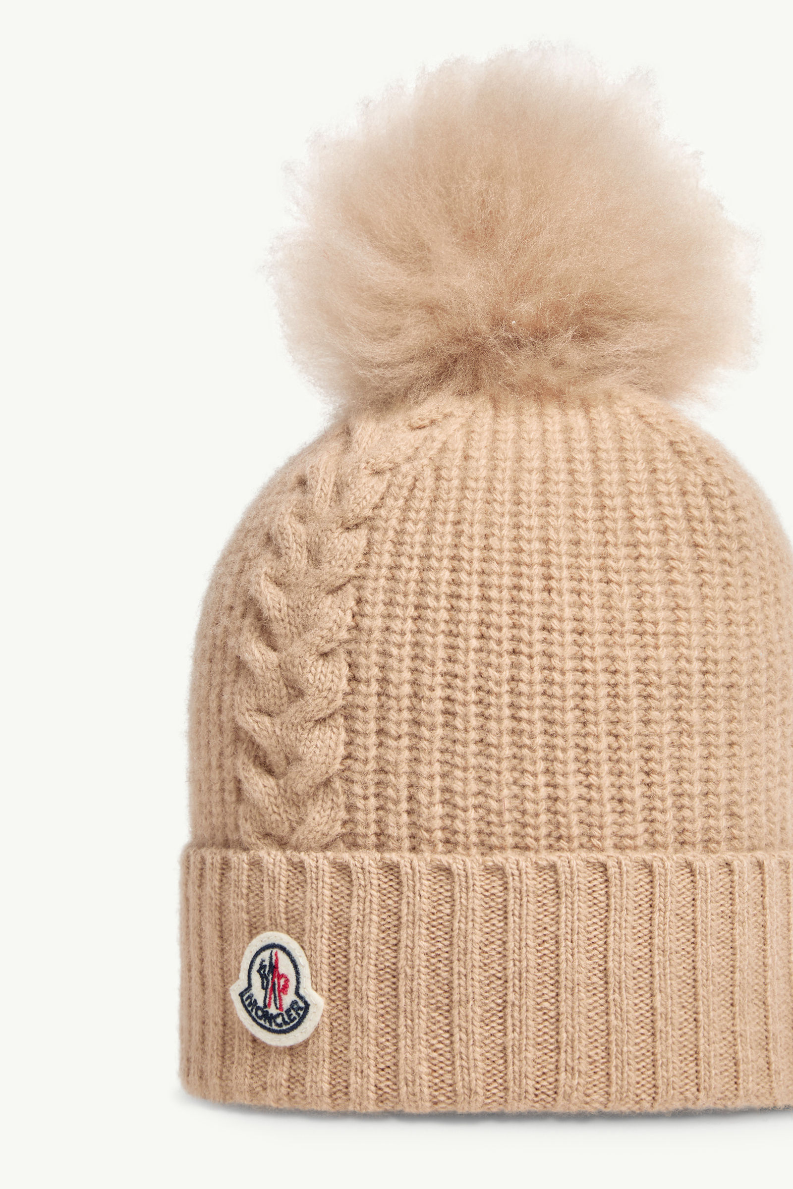 Wool Beanie with Shearling Pom Pom Girl Sand Beige Moncler 2