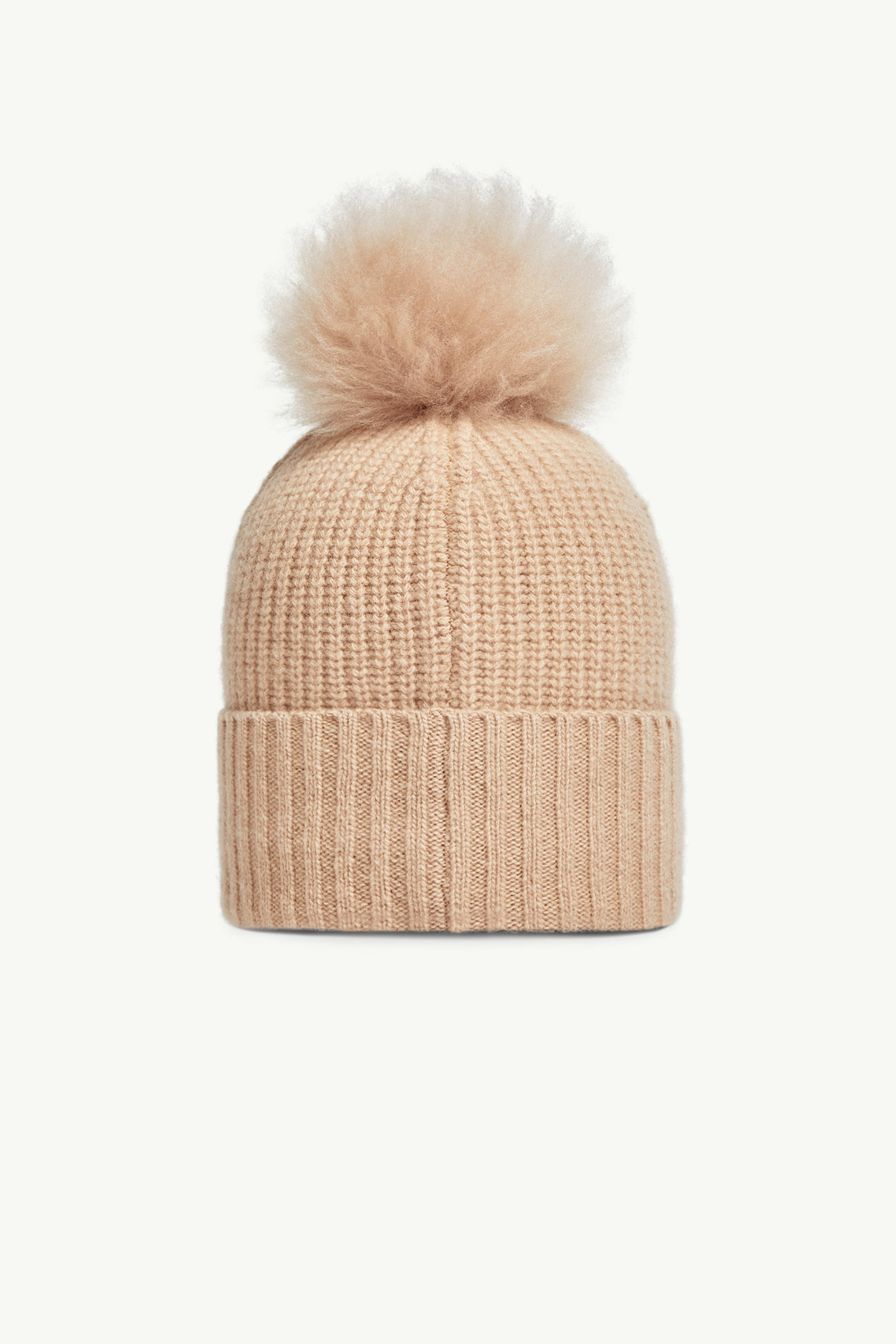 Wool Beanie with Shearling Pom Pom Girl Sand Beige Moncler 3