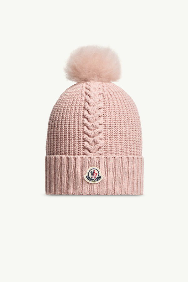 Wool Beanie with Shearling Pom Pom Girl Rose Pink Moncler 0