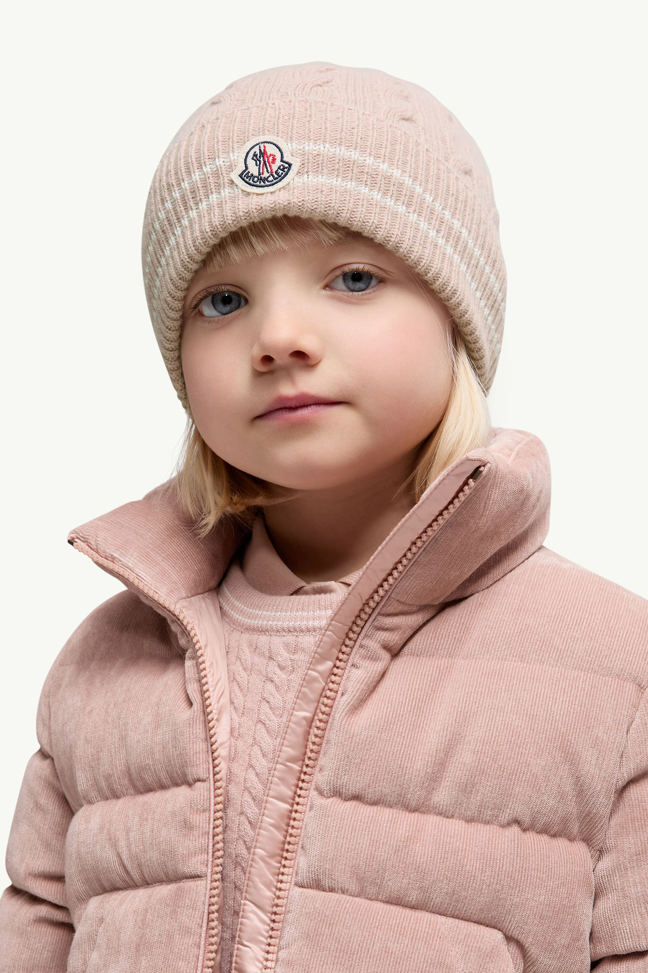 條紋飾邊羊毛冷帽 女童 粉紅色 Moncler 1