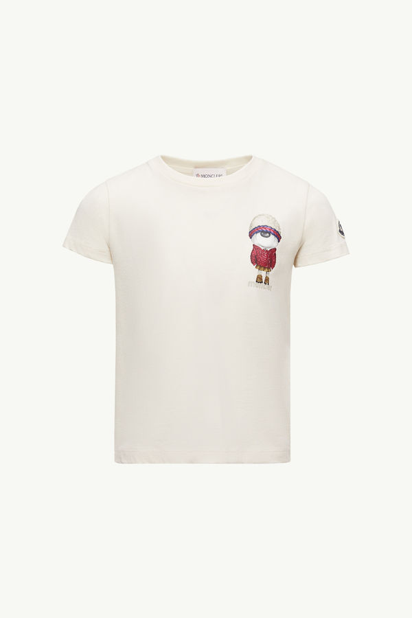 Teddy Bear Motif Cotton T-Shirt Girl White Ivory Moncler 0