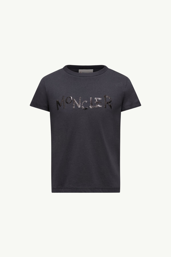 Sequin-Embroidered Logo Cotton T-Shirt Girl Black Moncler 0
