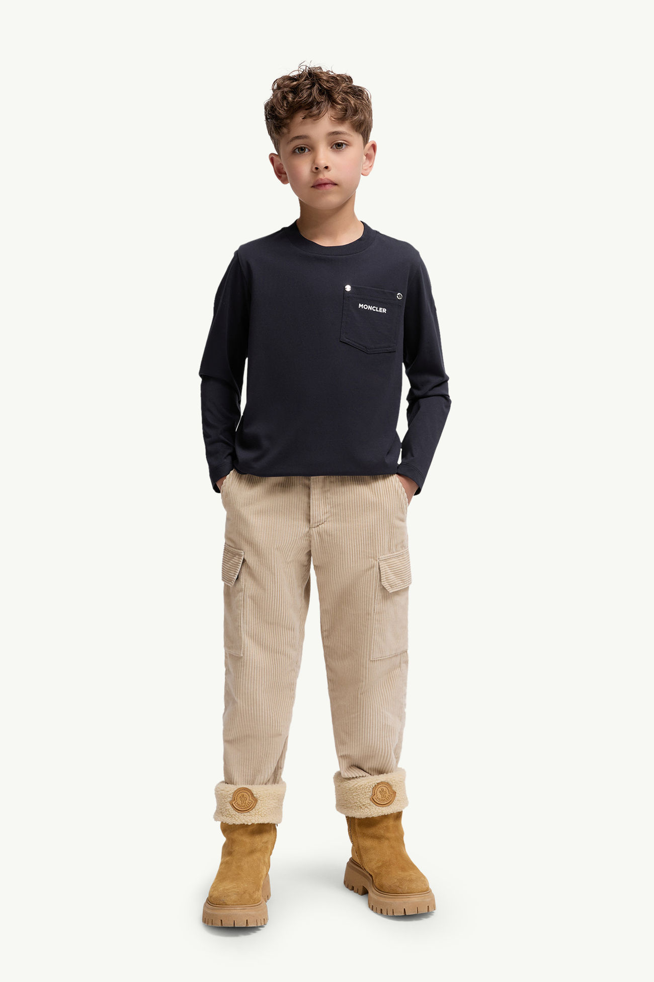 Camiseta de manga larga de algodón con logotipo y bolsillo Niño Azul marino Moncler 1