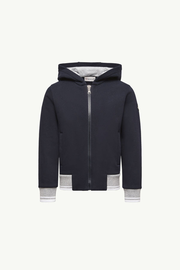 Stripe-Trimmed Cotton Zip-Up Hoodie Boy Navy Blue Moncler 0