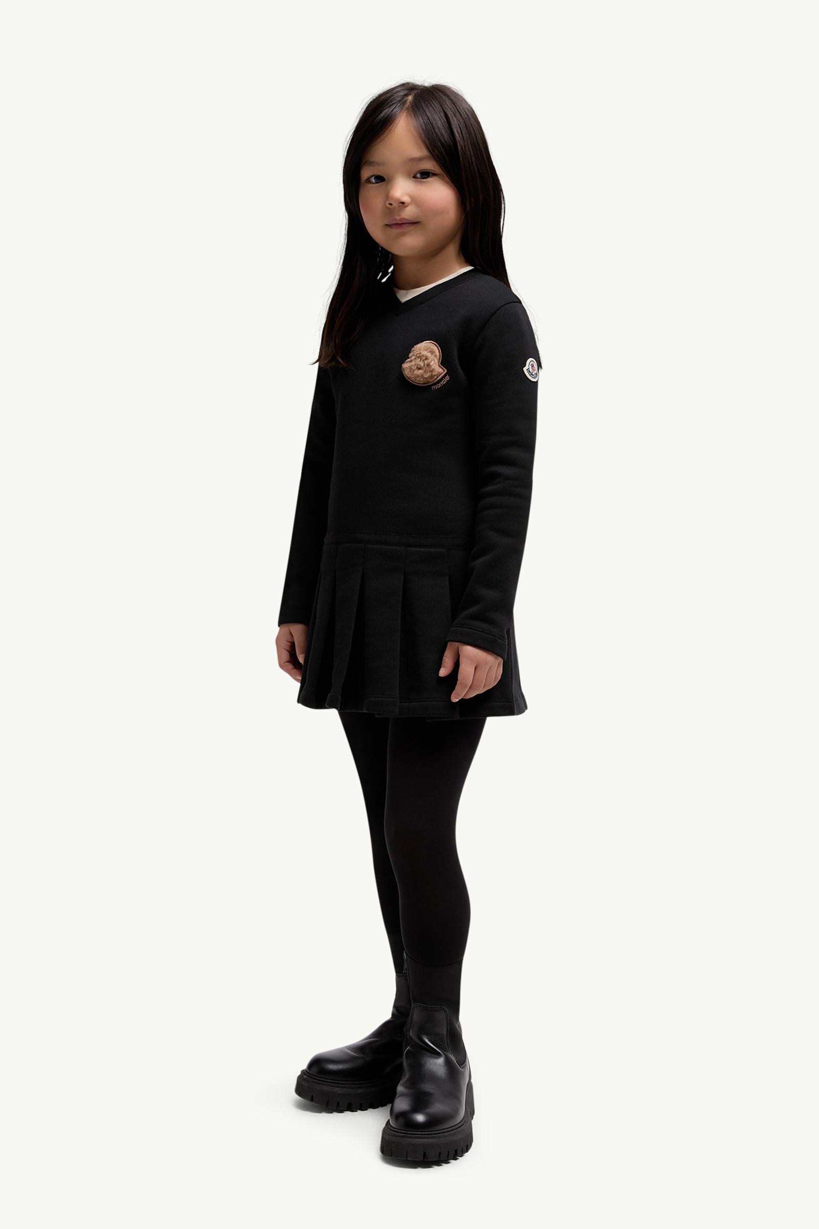 Teddy Logo Pleated Cotton Dress Girl Black Moncler 1