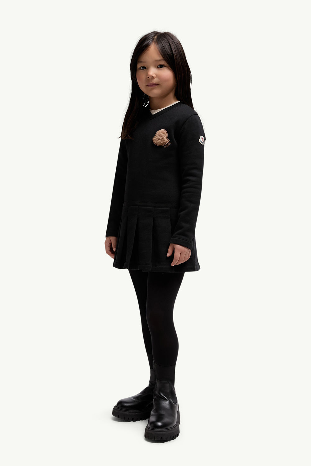Teddy Logo Pleated Cotton Dress Girl Black Moncler 1