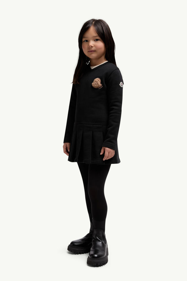 Teddy Logo Pleated Cotton Dress Girl Black Moncler 1