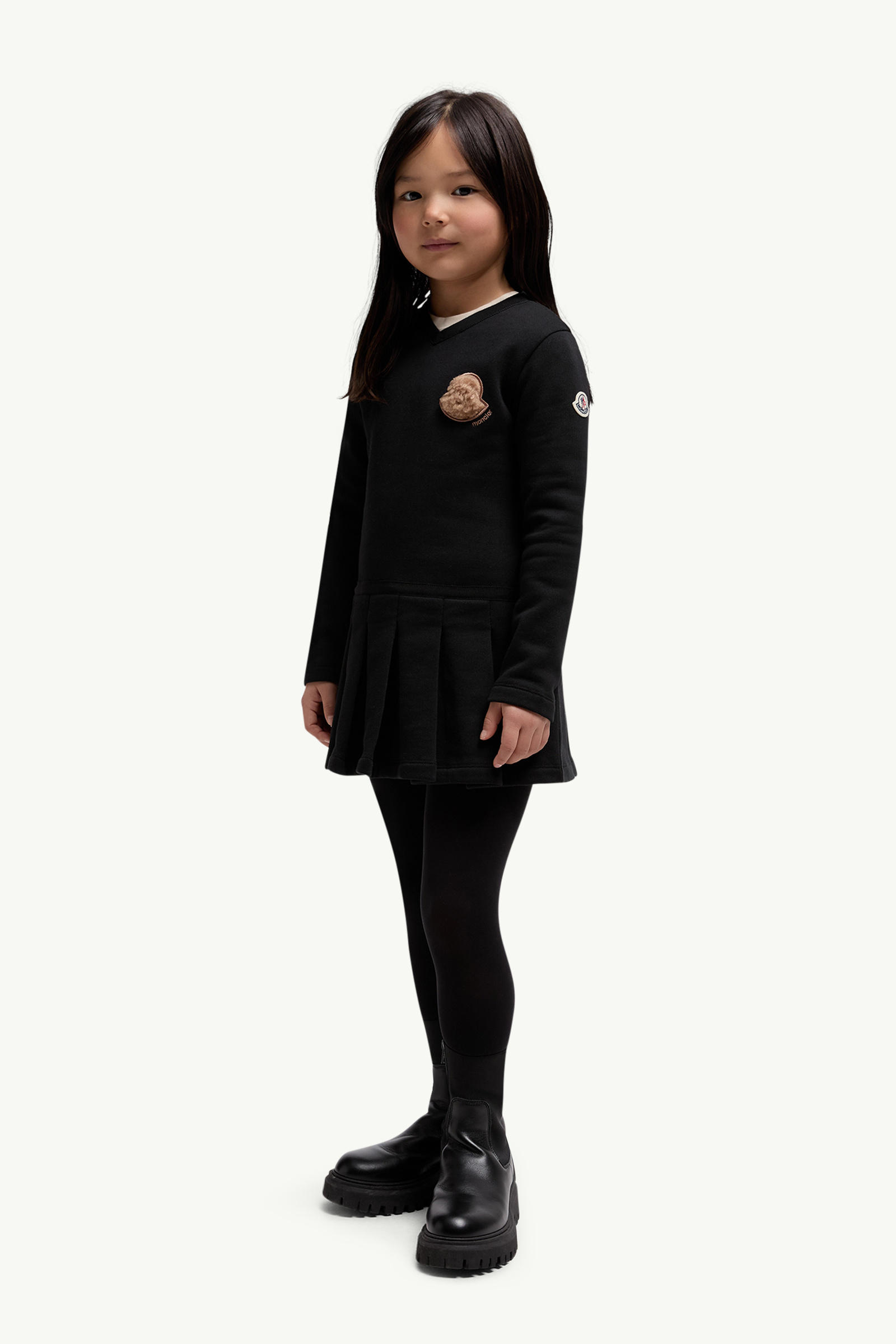 Teddy Logo Pleated Cotton Dress Girl Black Moncler 1
