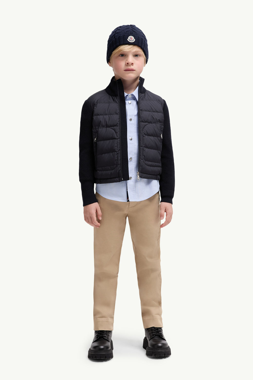 Padded Wool Blend Zip-Up Cardigan Boy Navy Blue Moncler 1