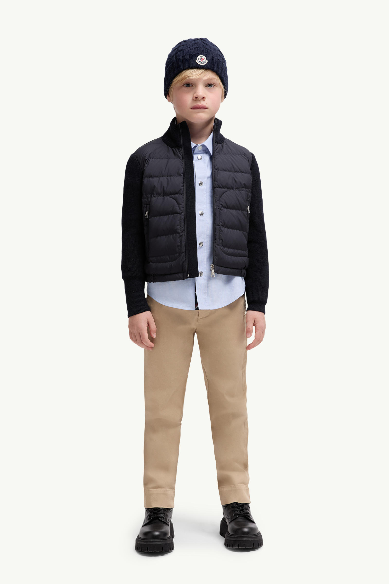 Padded Wool Blend Zip-Up Cardigan Boy Navy Blue Moncler 1