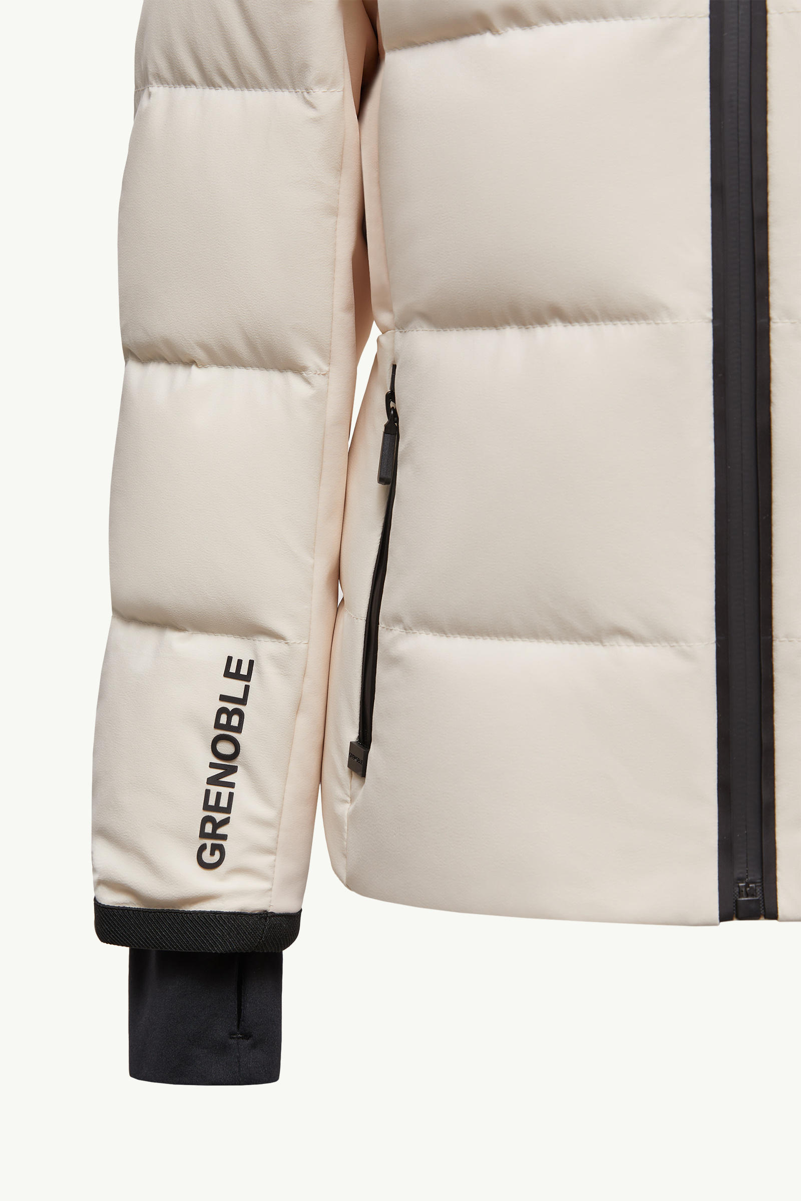 Plumífero de esquí con capucha y ribetes de piel sintética New Guyane Niña Blanco Marfil Moncler 4