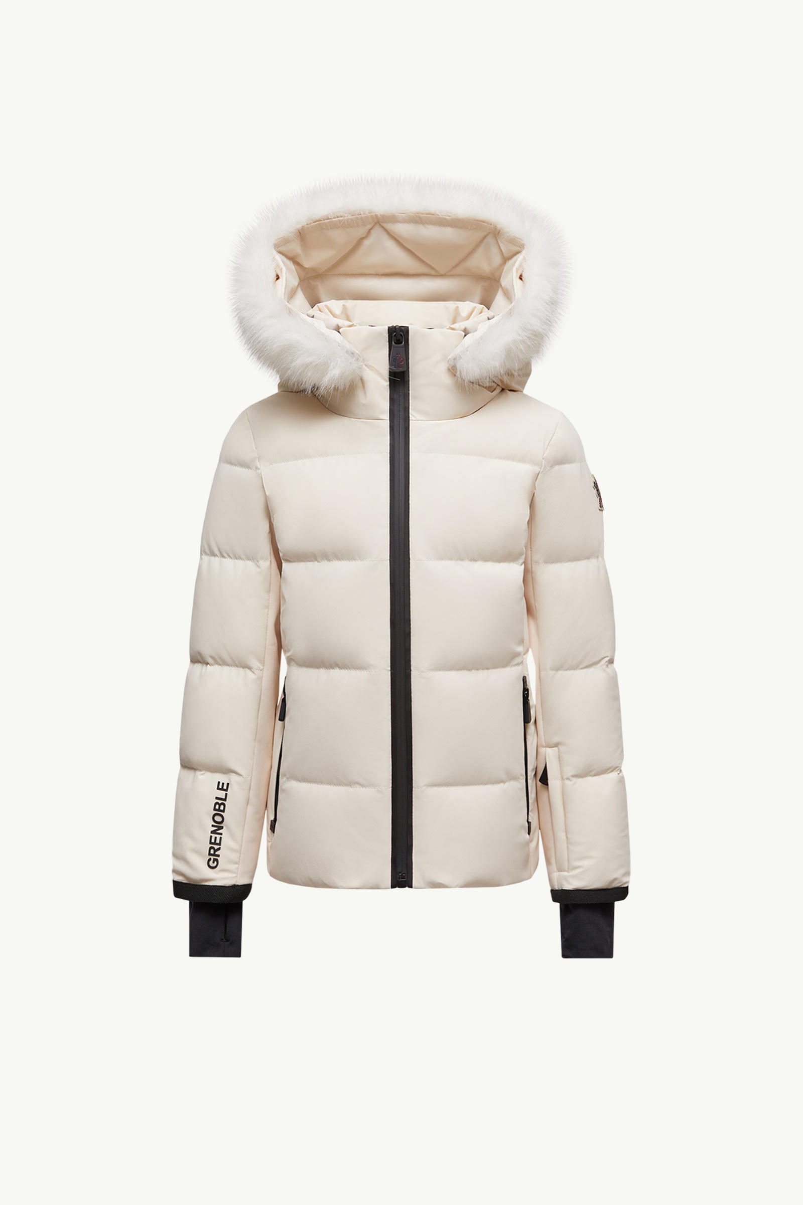 Plumífero de esquí con capucha y ribetes de piel sintética New Guyane Niña Blanco Marfil Moncler 0