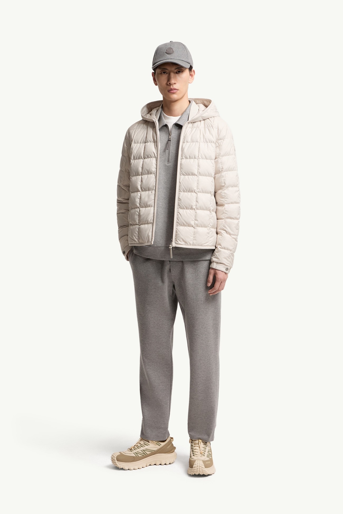 Plumífero con acolchado a cuadros y capucha Tahrir Hombre Beige Claro Moncler 0