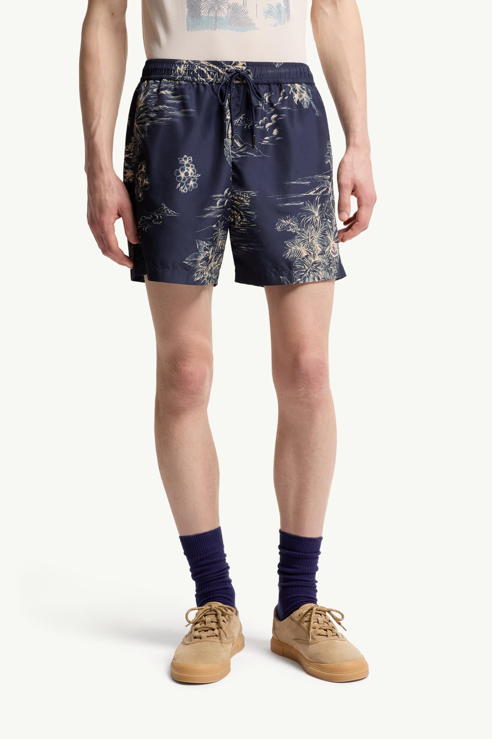 Navy Blue Floral Print Swim Shorts - Swimwear for Men | Moncler US