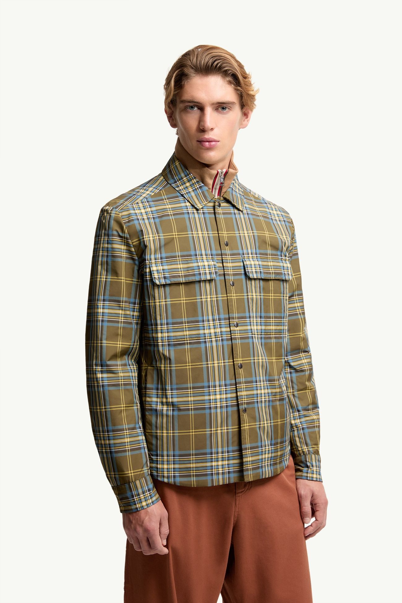 Monogram Checked Shirt Jacket Men Sky Blue & Olive Green Moncler 3