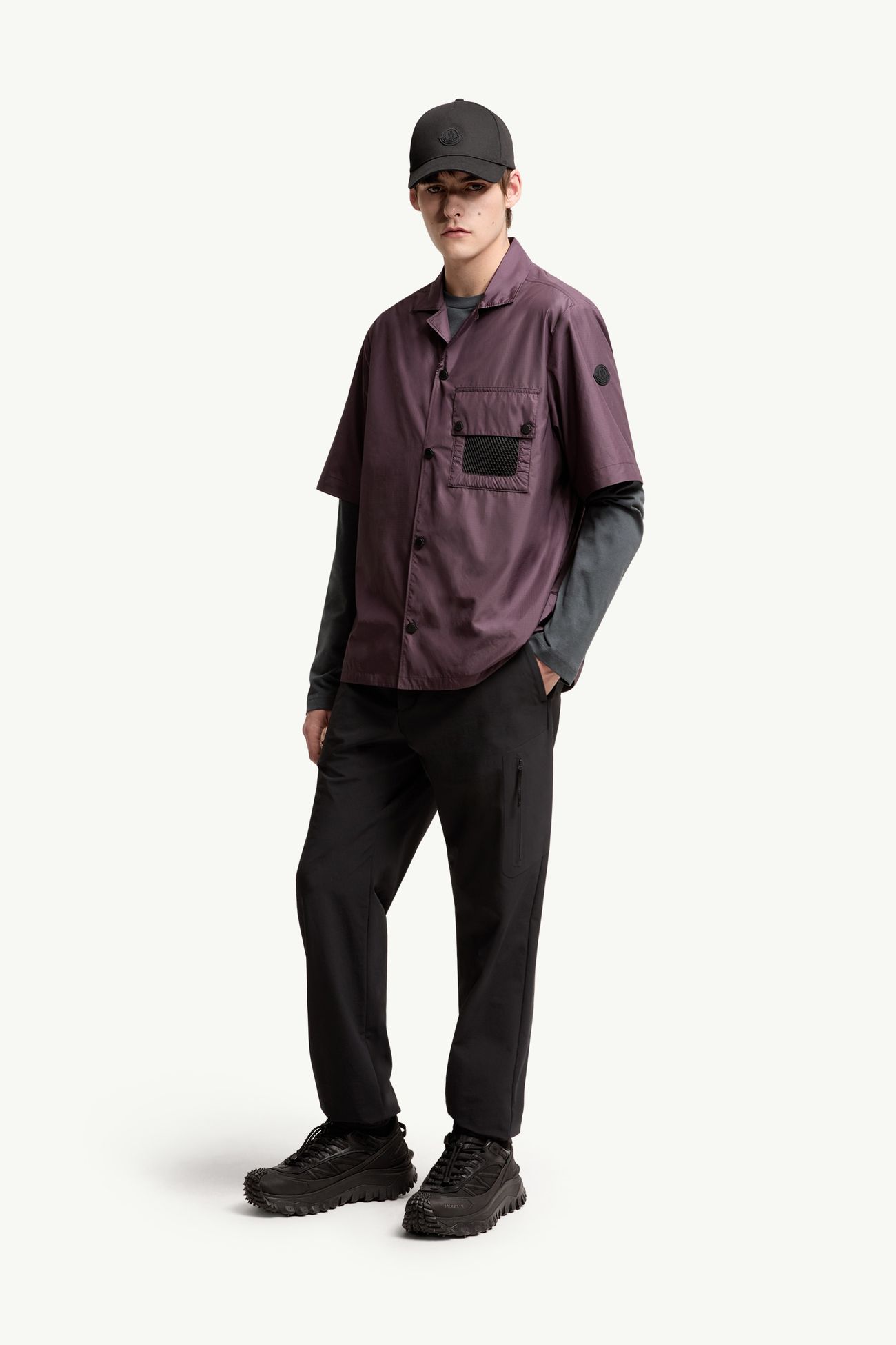 Chemise rayée à manches courtes et logo Hommes Rouge Raisin Moncler 0