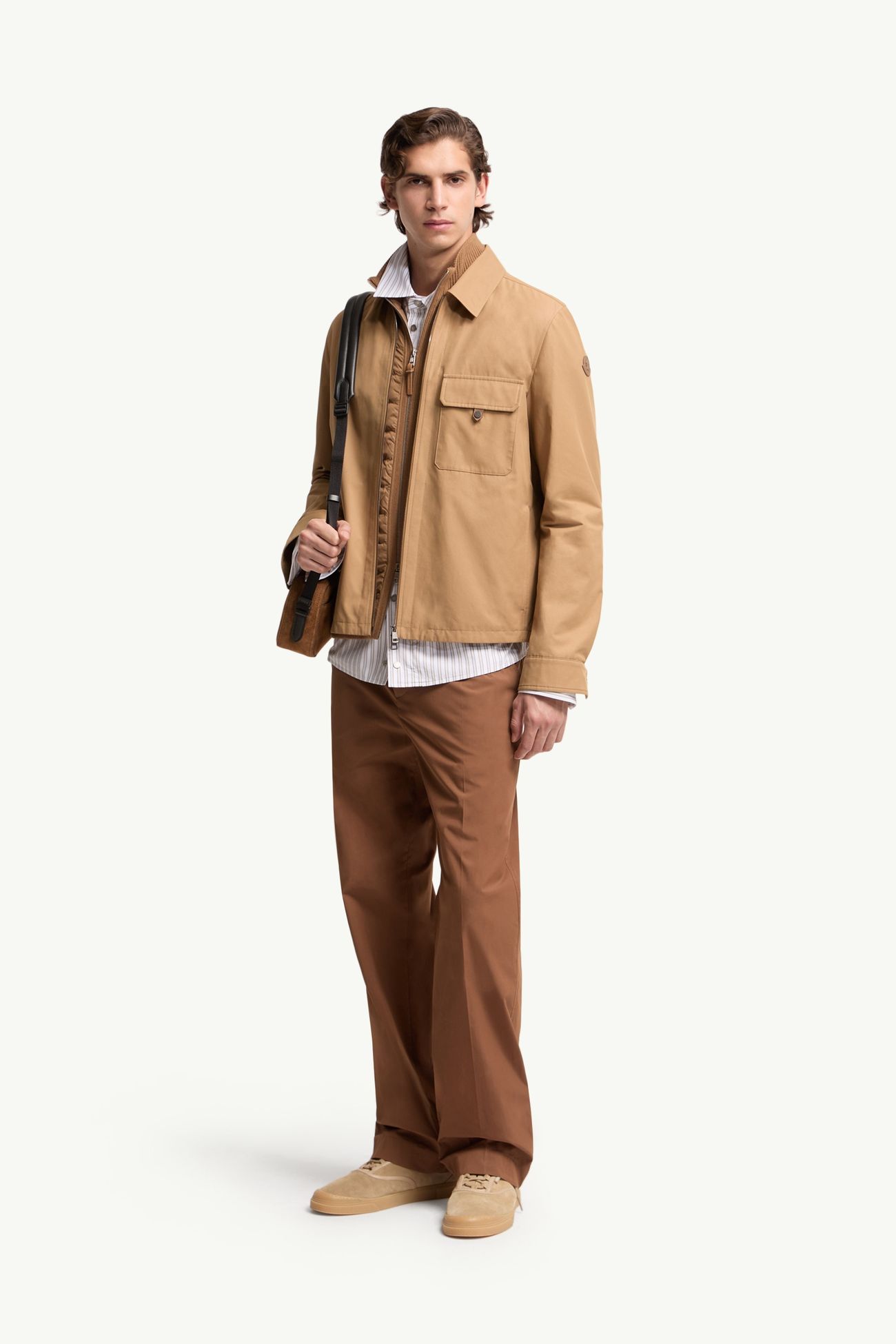 Camisa de mezcla de algodón con logotipo de piel Hombre Beige Moncler 0