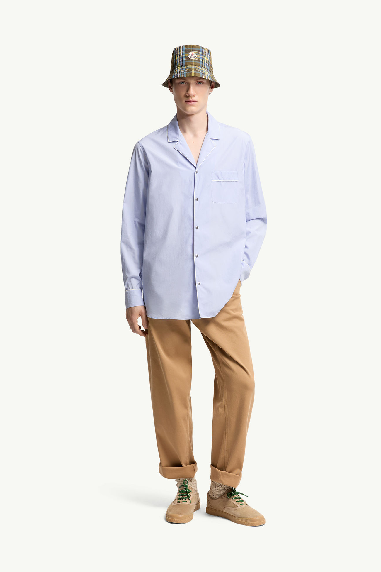 Camisa de manga larga de algodón fil-à-fil Hombre Azul claro Moncler 0