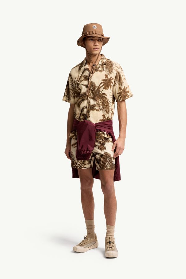 Chemise à manches courtes en mélange de coton et de lin Hommes Beige & Vert Moncler 0