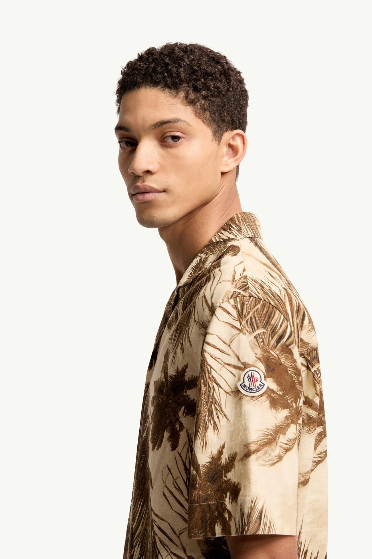 Camisa de manga corta de mezcla de algodón y lino Hombre Beige & Verde Moncler 1