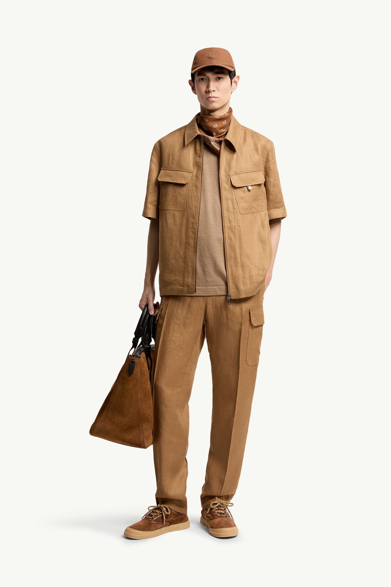 Linen Twill Short Sleeve Zip-Up Shirt Men Light Brown Moncler 0