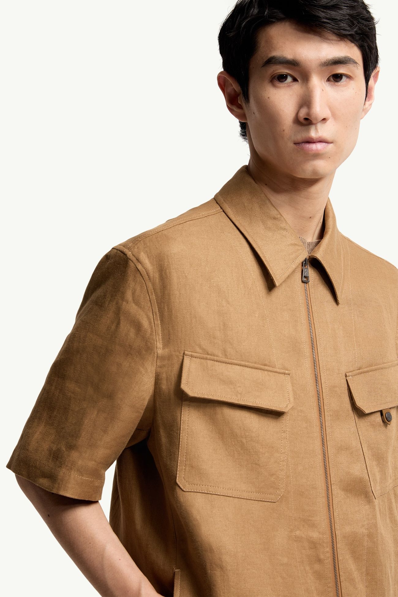 Camicia con zip a maniche corte in twill di lino Uomo Marrone Chiaro Moncler 5