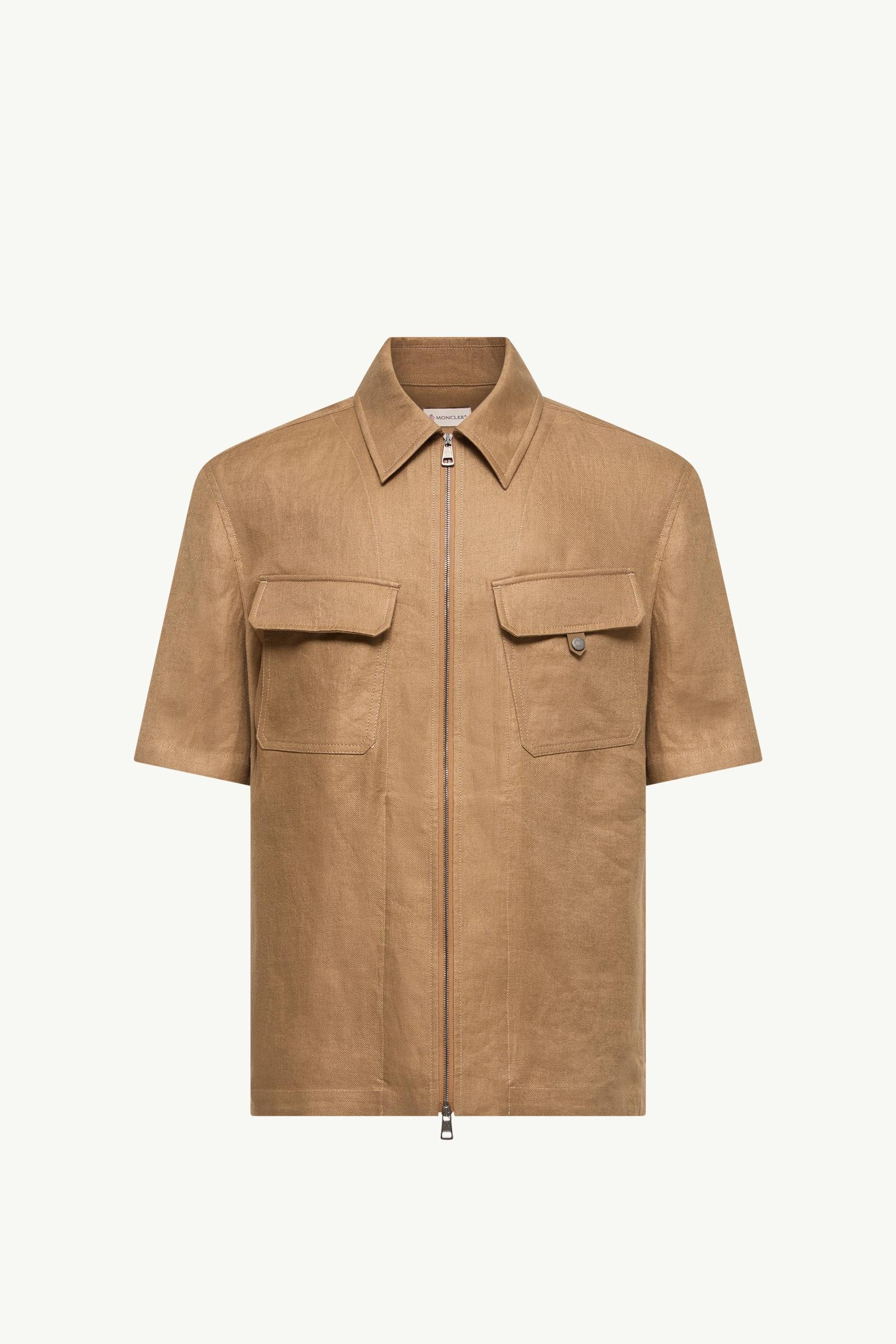 Linen Twill Short Sleeve Zip-Up Shirt Men Light Brown Moncler, 1 of 0
