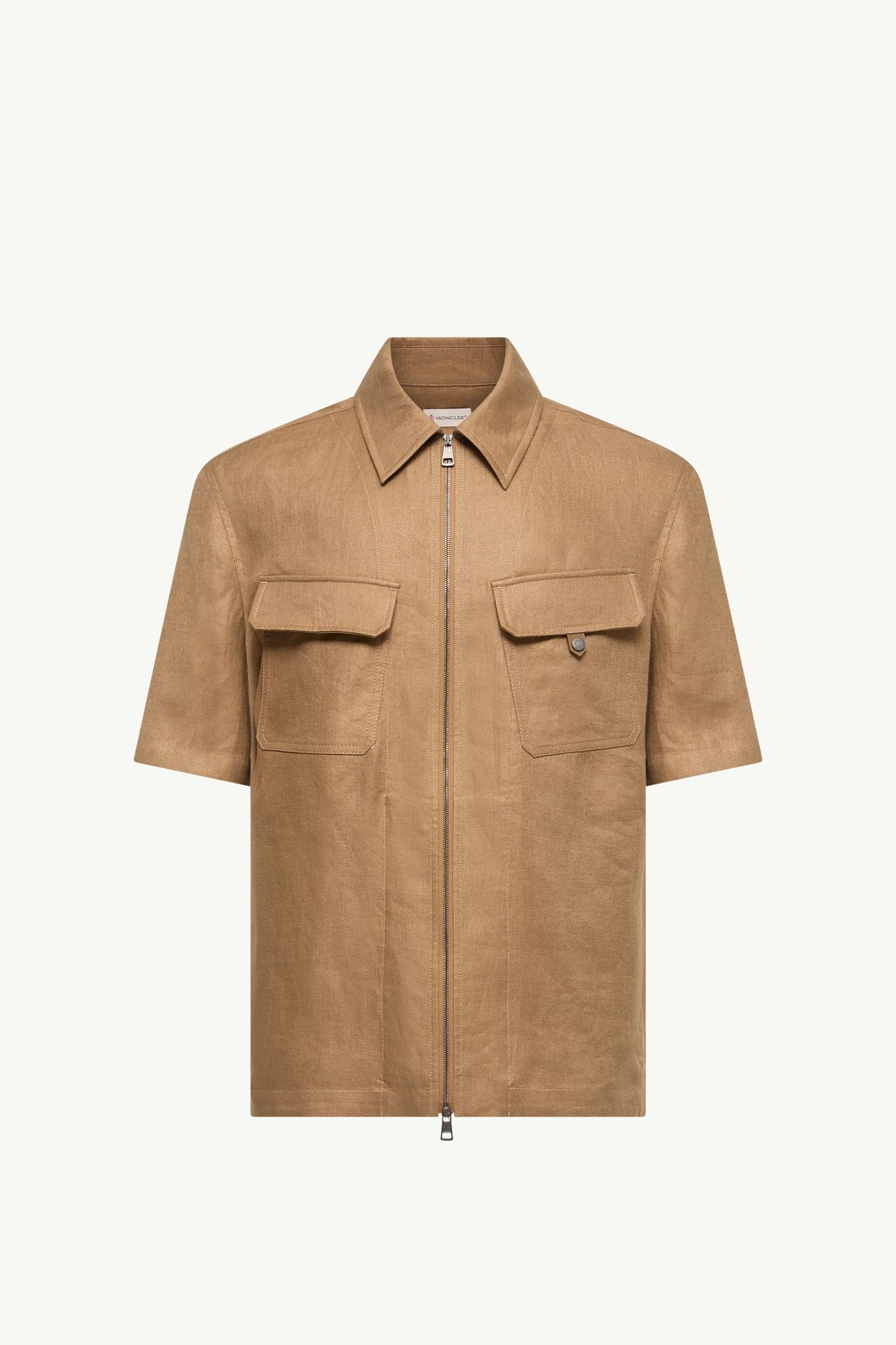 Linen Twill Short Sleeve Zip-Up Shirt Men Light Brown Moncler 2