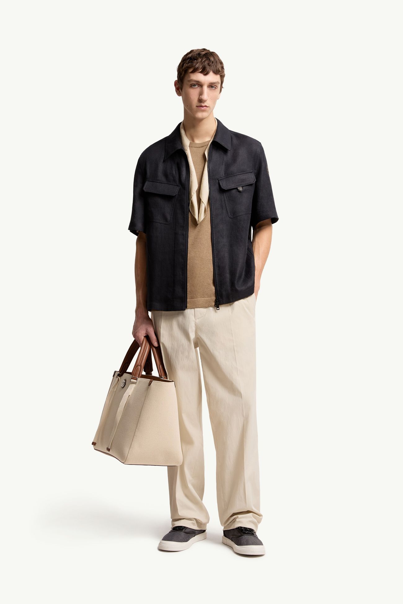 Camicia con zip a maniche corte in twill di lino Uomo Blu Scuro Moncler 0