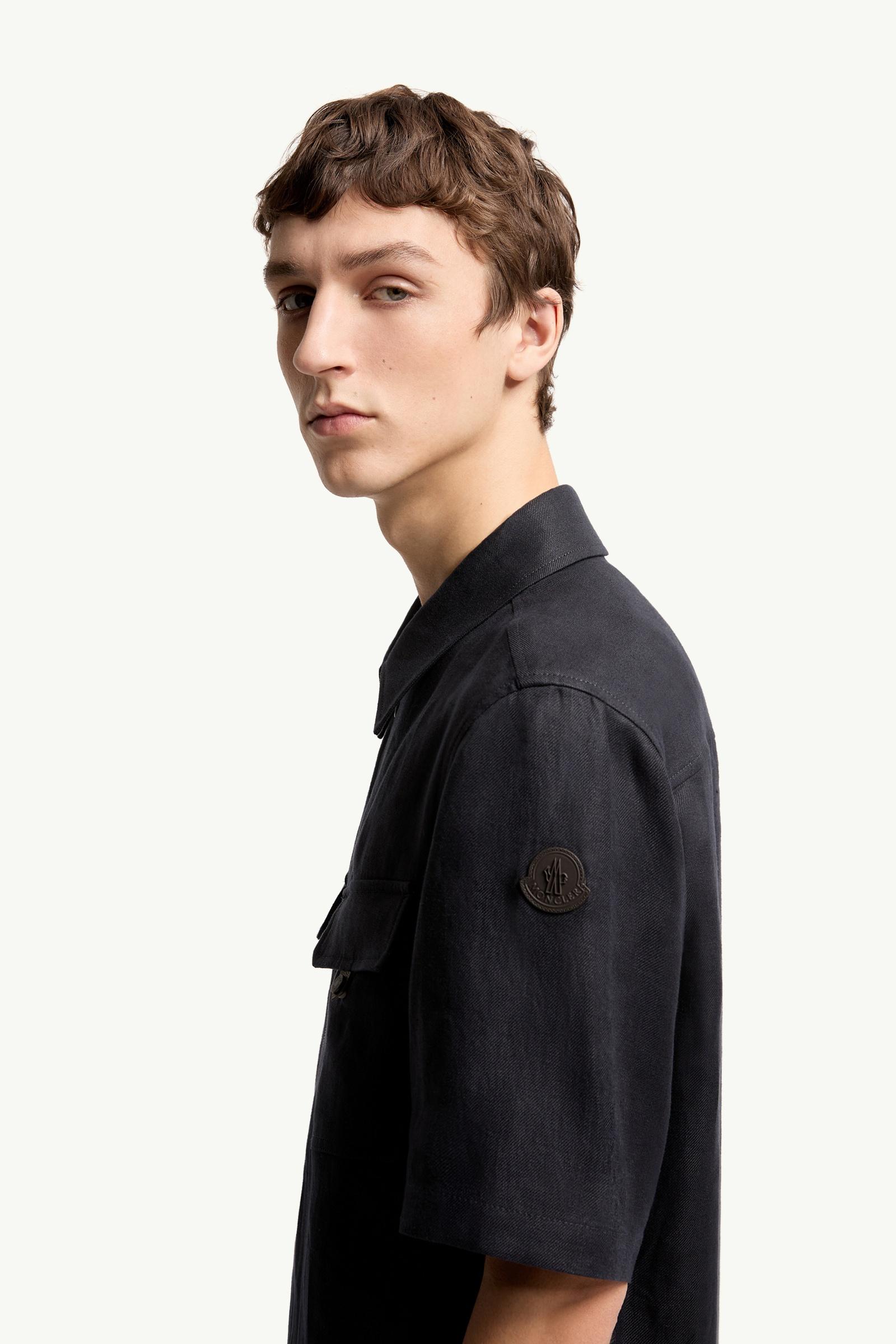Dark Blue Linen Twill Short Sleeve Zip-Up Shirt - Shirts for Men