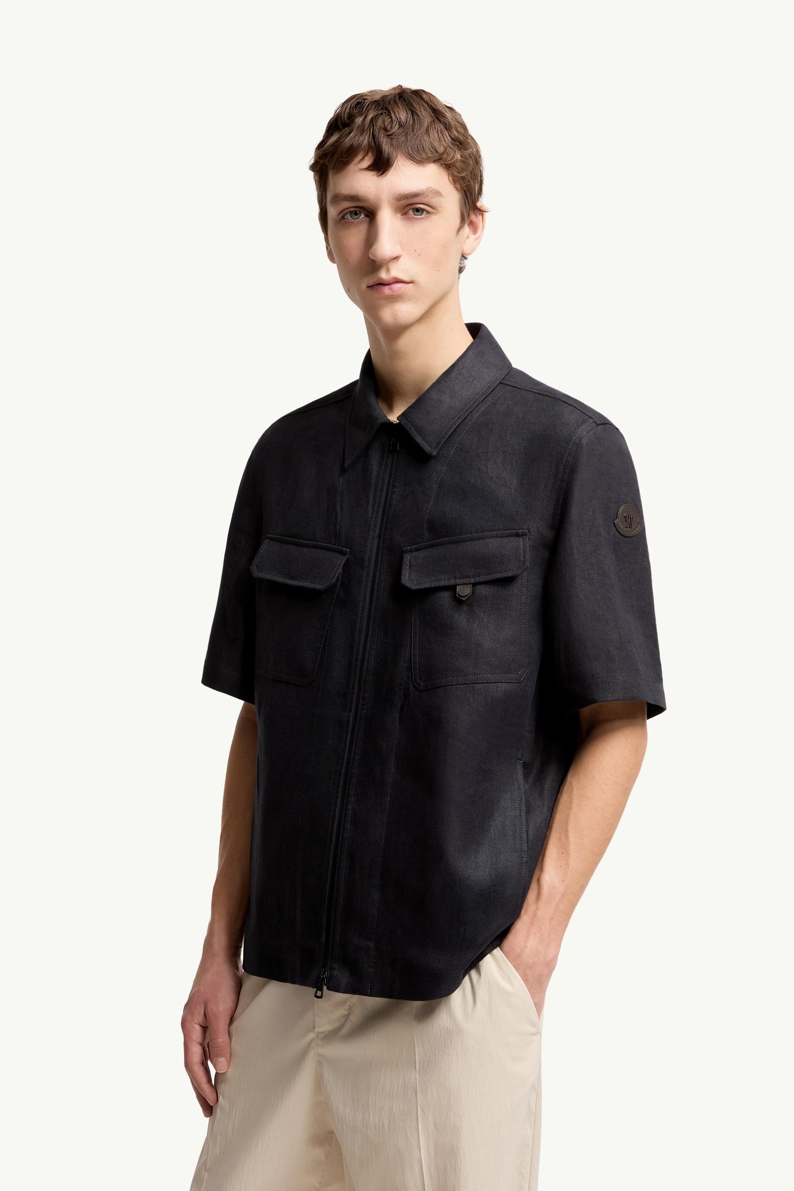 Dark Blue Linen Twill Short Sleeve Zip-Up Shirt - Shirts for Men