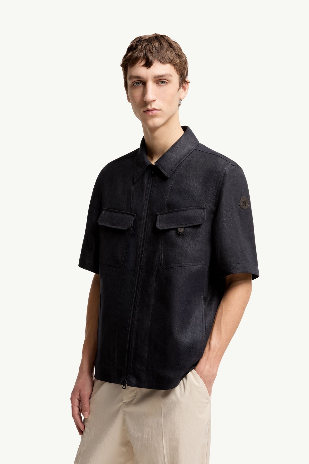 Camisa de manga corta con cremallera de sarga de lino Hombre Azul oscuro Moncler 3