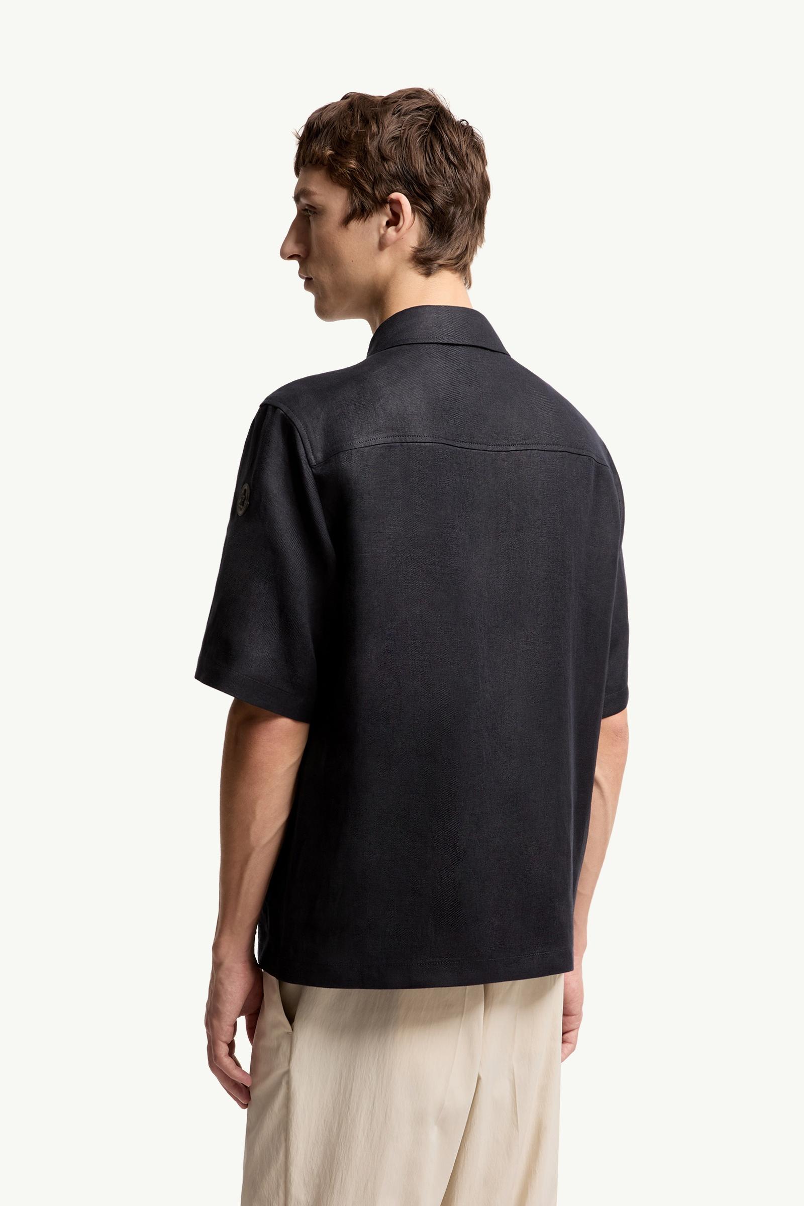 Dark Blue Linen Twill Short Sleeve Zip-Up Shirt - Shirts for Men