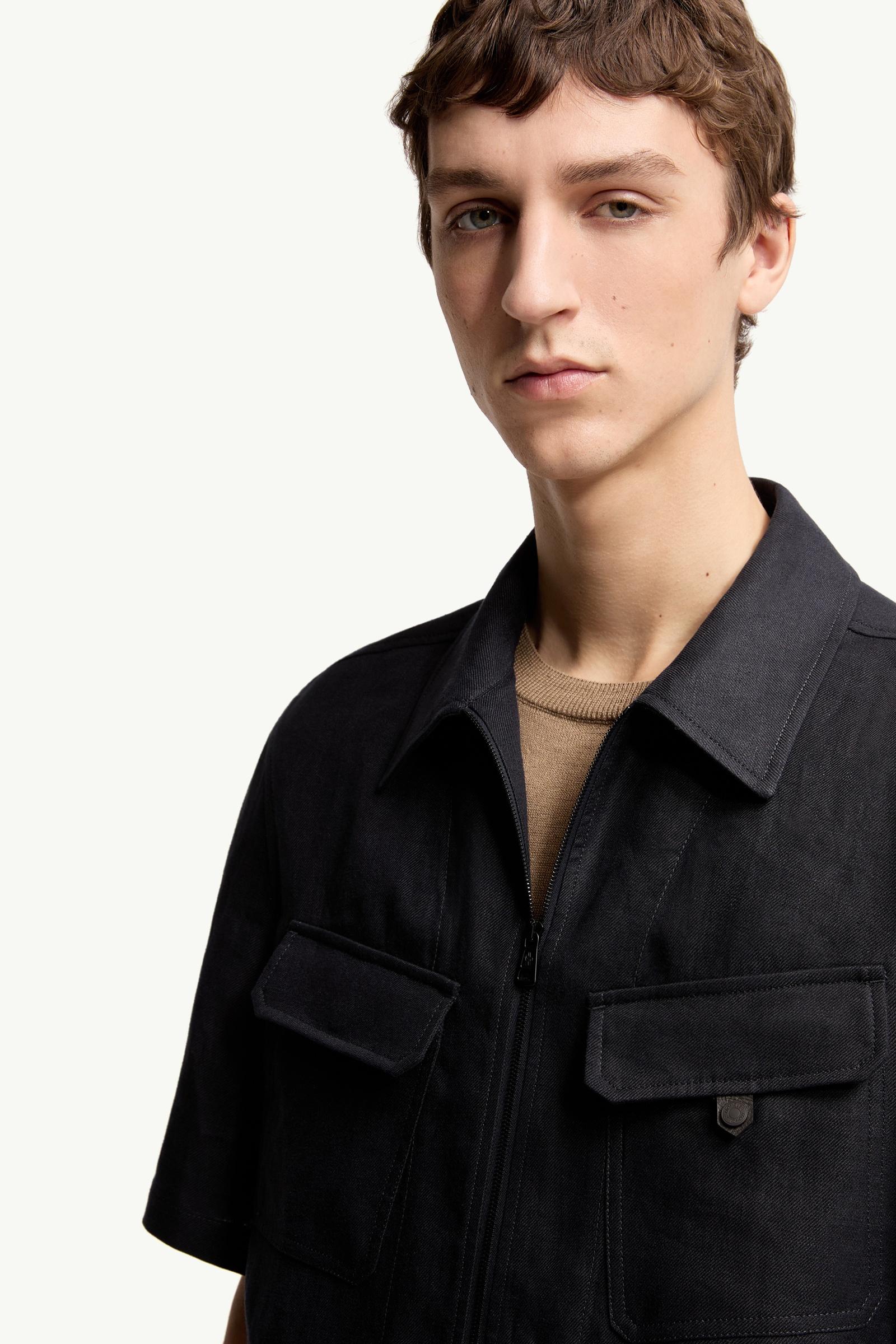 Dark Blue Linen Twill Short Sleeve Zip-Up Shirt - Shirts for Men