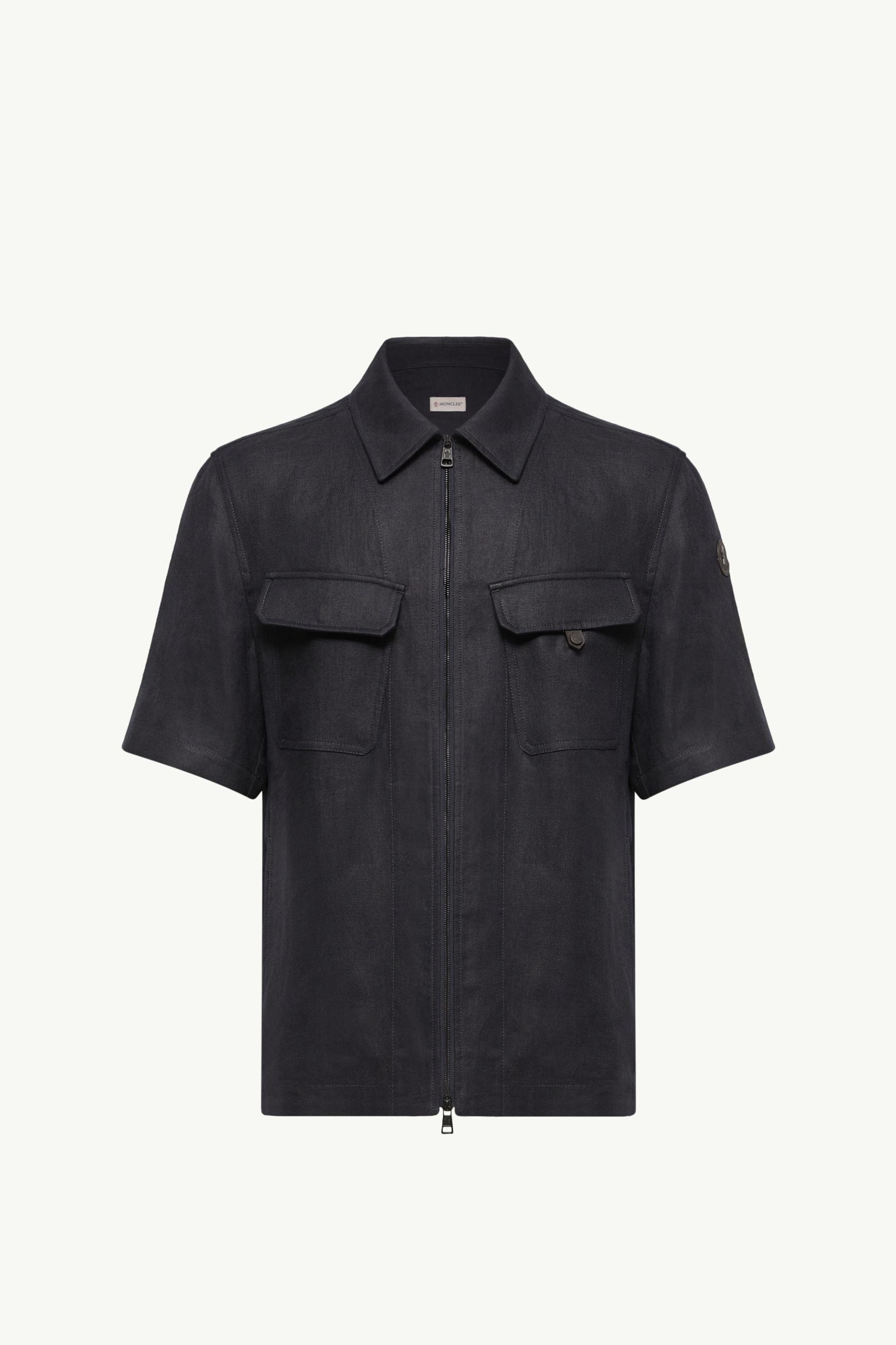 Dark Blue Linen Twill Short Sleeve Zip-Up Shirt - Shirts for Men