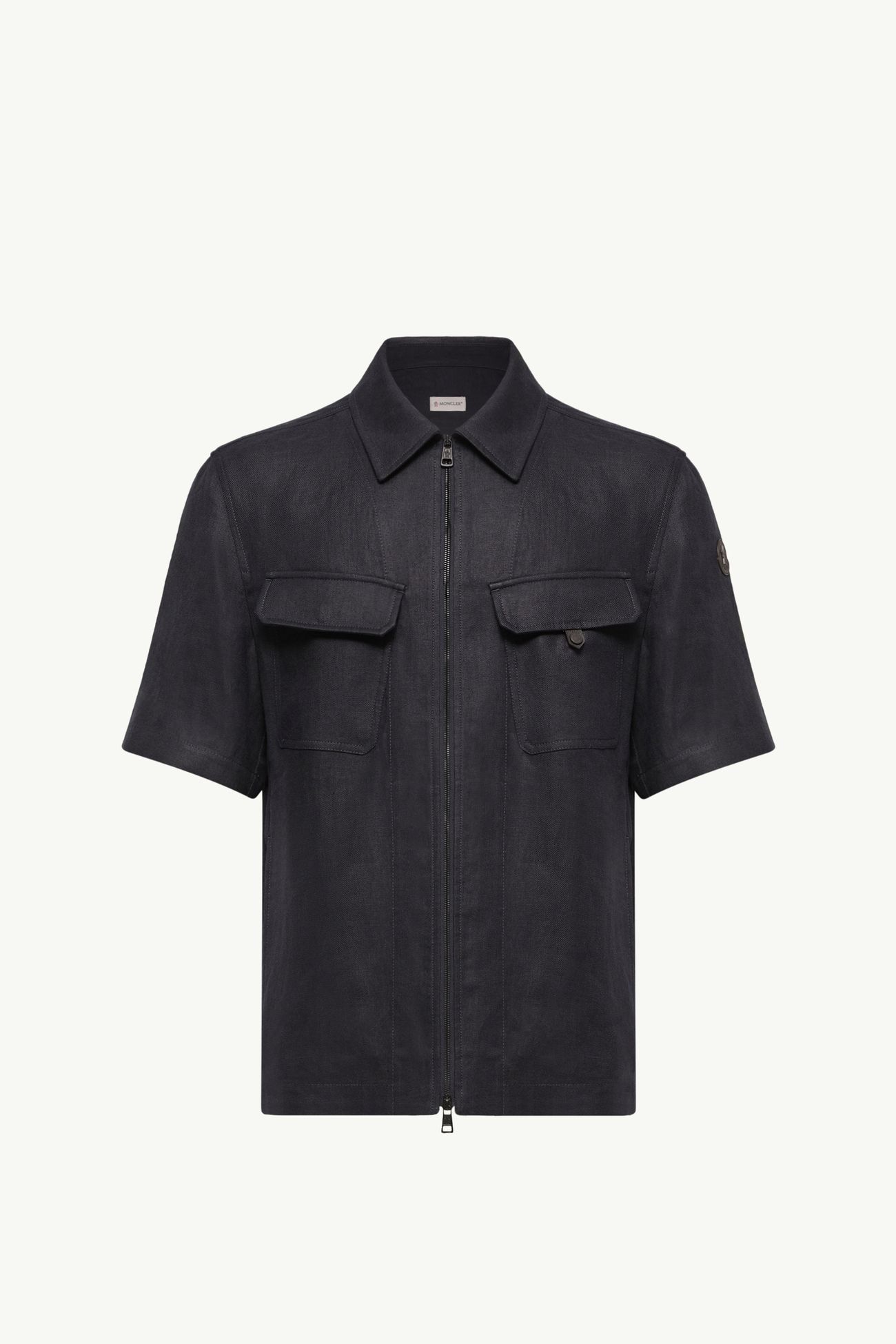Linen Twill Short Sleeve Zip-Up Shirt Men Dark Blue Moncler 2