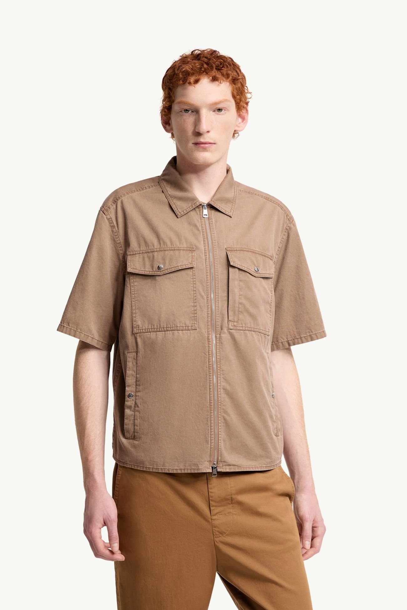 Short Sleeve Cotton Zip-Up Shirt Men Brown Moncler 3