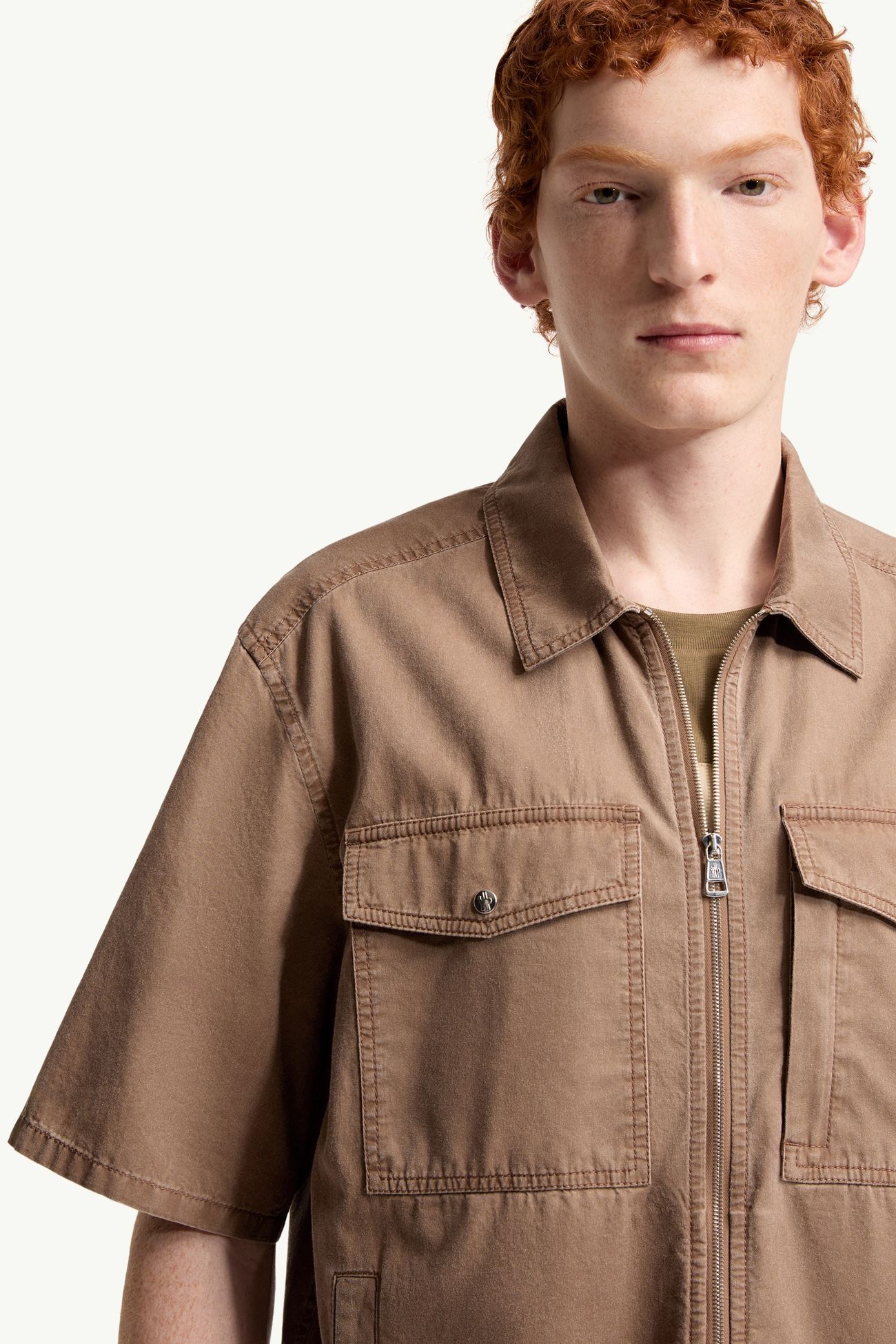 Short Sleeve Cotton Zip-Up Shirt Men Brown Moncler 6